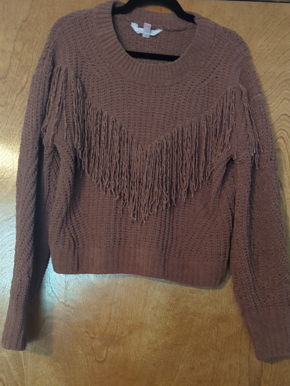 No Boundaries Women's Fringe Crewneck Sweater in Rust